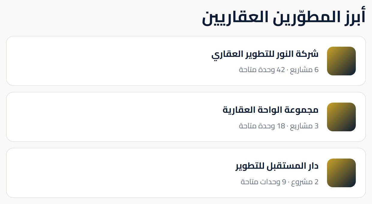 دليل المطوّرين وعدد مشاريعهم ووحداتهم